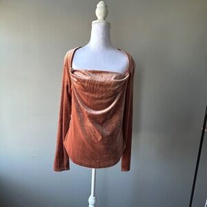 Bohme Terracotta Velvet Square Neck Long Sleeve Top Rust Orange BHM260 Large
